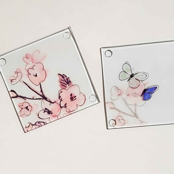 Hand Painted Botanical Butterfly Coaster Set Nwt - Picture 2 of 8